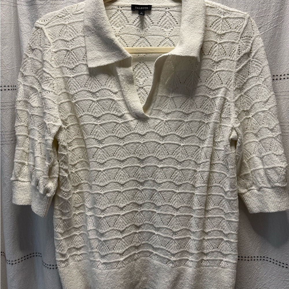 Talbots Cream Open-Knit Short Sleeve Polo